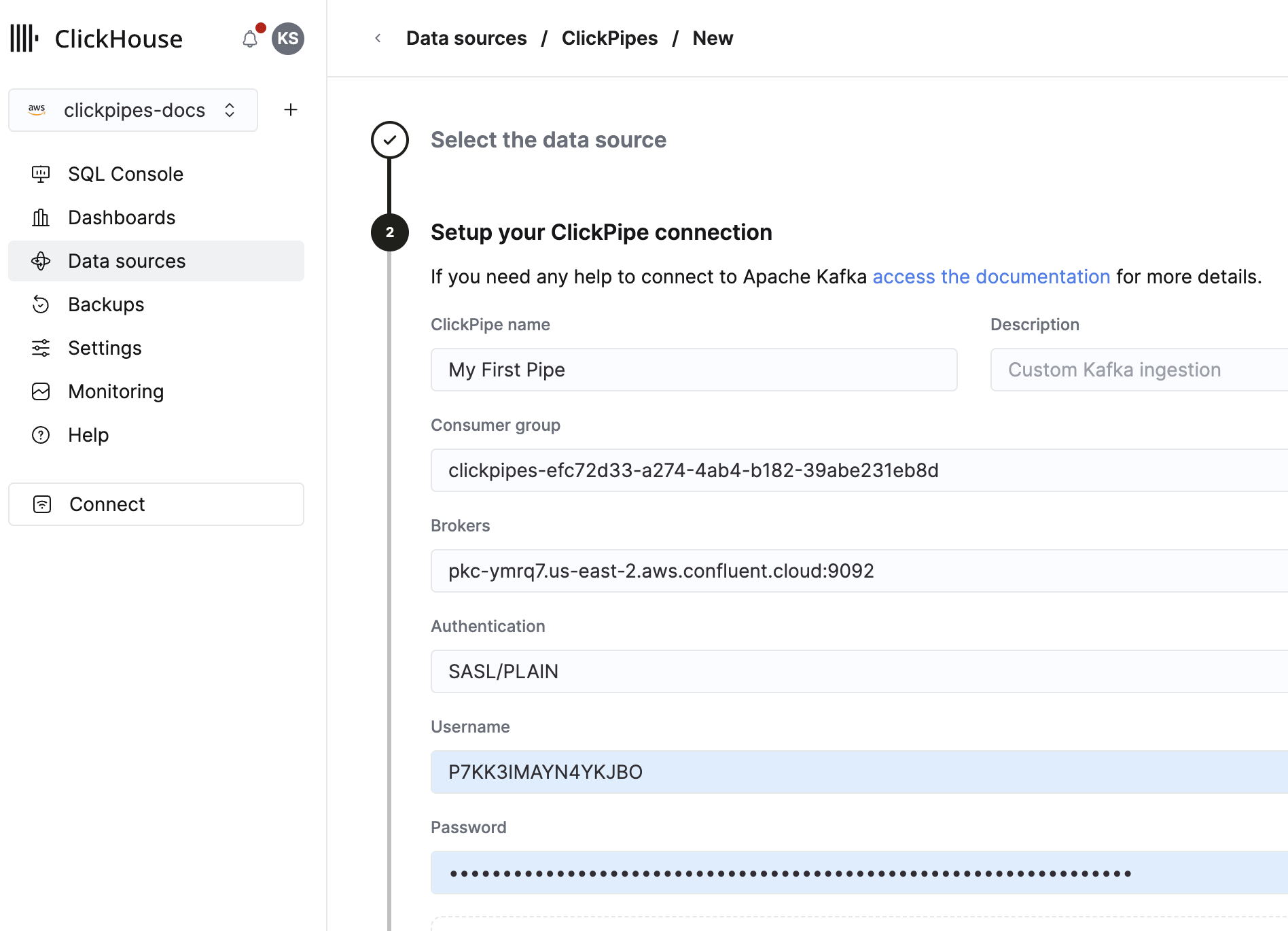 Заполнение параметров подключения